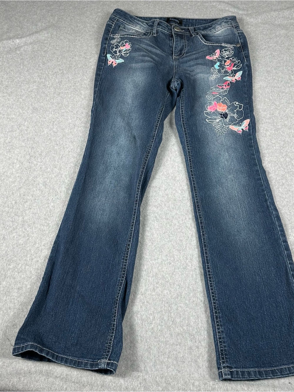 Squeeze Dark Blue Vintage  Y2K with pink floral embroidery